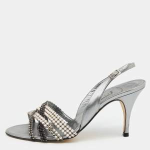 Pre Owned صندل جينا جلد فضي مزخرف كريستال فتحة كعب مقاس 38.5