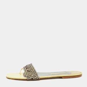 Pre Owned Gina Light Yellow Crystal Embellished Leather Flat Slides Size 42