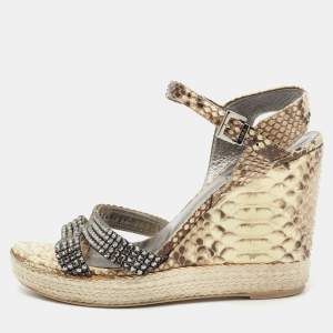 Gina Beige/Brown Python Leather Crystal Embellished Wedge Platform Ankle-Strap Sandals Size 40