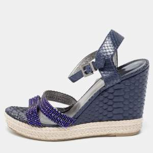 Gina Navy Blue Python Leather Crystal Embellished Wedge Platform Ankle-Strap Sandals Size 40.5