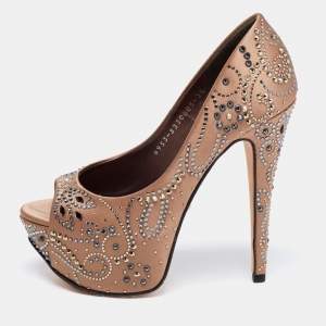 مملوكة مسبقًا Gina Light Brown Satin Crystal Embellished Peep-Toe Platform Pumps Size 36.5