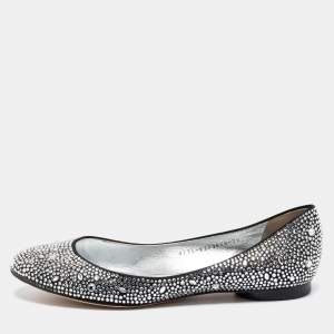Pre Owned Gina Black Satin And Crystal Embellished  Ballet Flats Size 40.5