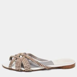 Pre Owned Gina White Leather Crystal Embellished Flats Size 38