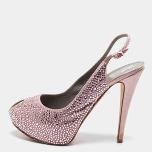 Gina Pink Satin Crystal Embellished Peep-Toe Platform Slingback Sandals Size 40
