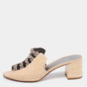 Gina Beige Croc Embossed Patent Leather Crystal Embellished Block Heel Mules Size 39.5