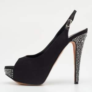 Gina Black Satin Embellished Heel Platform Slingback Sandals Size 38.5