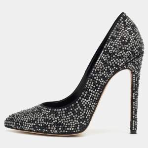 Gina Black Satin Crystal Embellished Alfie Pointed Toe Pumps Size 38.5