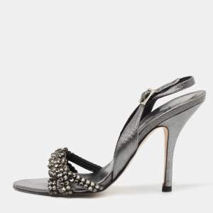 Gina Black Leather Crystal Embellished Slingback Sandals Size 37.5