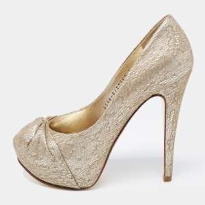 Gina Gold Lace and Leather Claire Platform Pumps Size 37
