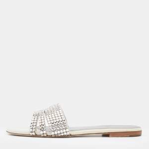 Pre Owned Gina Off White/Silver Patent Leather Crystal Embellished Flat Slides Size 37.5