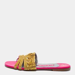 Gina Pink/Gold Crystals Embellished Patent Leather Flat Slides Size 37