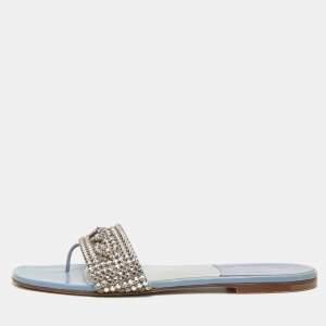 Gina Light Blue Patent Crystal Embellished Thong Slides  Size 38.5