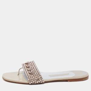 Pre Owned Gina Light Pink Crystal Embellished Leather Thong Flats Size 38.5