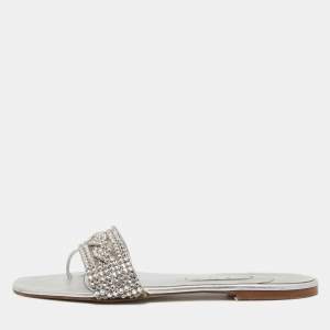 Gina Silver Crystal Embellished Leather Flat Slides Size 41