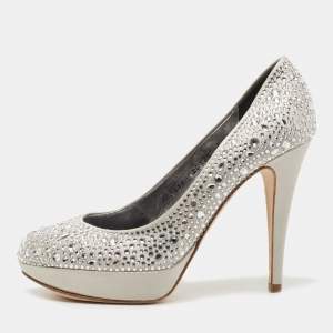 Pre Owned Gina Silver Crystal Embellished Satin Platform Pumps Size 39