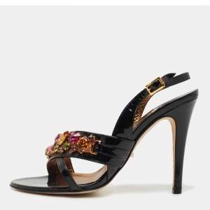 Gina Black Patent Leather Crystal Embellished Slingback Sandals Size 38
