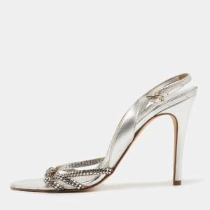 Gina Silver Leather Crystal Embellished Slingback Sandals Size 40