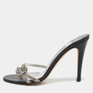 Gina Silver Crystal Embellished Leather Slide Sandals Size 37
