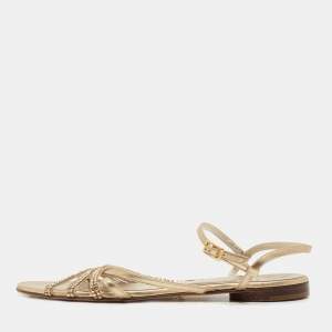 Gina Gold Crystal Embellished Leather Flat Ankle Strap Sandals Size 39