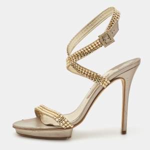 Gina Bronze/Gold Leather Crystal Platform Ankle Strap Sandals Size 40