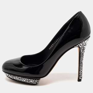 Gina Black Patent Leather Crystal Embellished Heel Platform Pumps Size 37.5