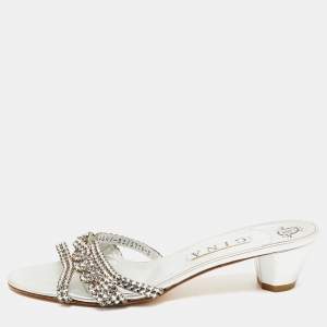 Gina Silver Leather Crystal Embellished Slide Sandals Size 41