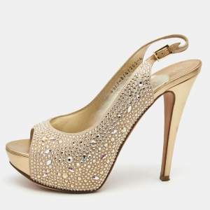 Gina Gold Crystal Embellished Satin Platform Slingback Sandals Size 39