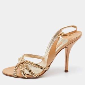 Gina Beige Leather Crystal Embellished Slingback Sandals Size 40