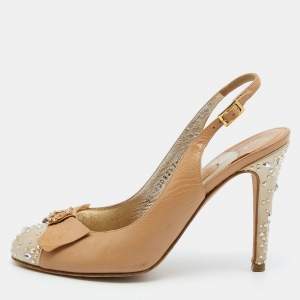 Gina Beige Leather and Satin Crystal Embellished Slingback Sandals Size 37