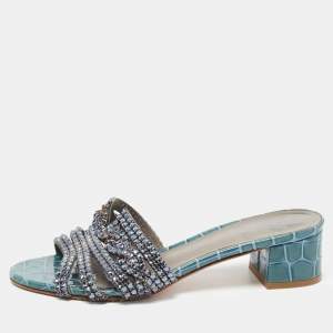 Gina Blue Croc Embossed Leather Crystal Embellished Loren Slides  Sandals Size 36.5