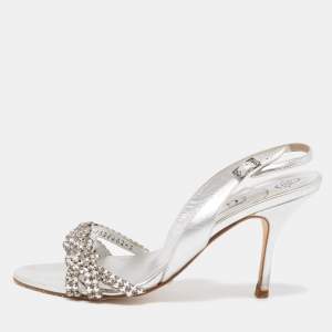 Gina Silver Leather Crystal Embellished Slingback  Sandals Size 38
