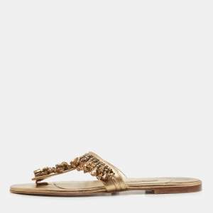 Gina Metallic Gold Leather Crystal Embellished Thong Sandals Size 39 