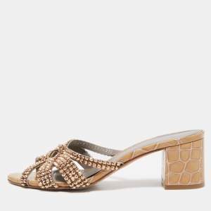 مملوكة مسبقًا Gina Beige Crystal Embellished Croc Embossed Patent Leather Rodeo Block Heel Slides Size 37.5