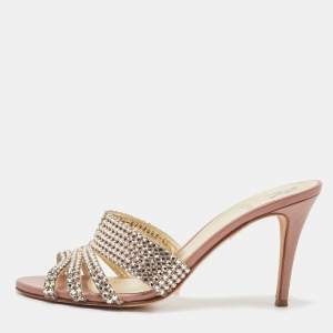 Gina Silver/Pink Crystal Embellished Leather Slide Sandals Size 39.5