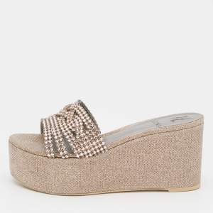 Gina Gold Lurex Fabric Crystal Embellished Wedge Platform Sandals Size 38.5