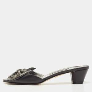 Gina Black Leather Crystal Embellished Bow Slide Sandals Size 39
