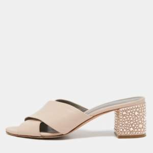 Gina Light Pink Leather Crystal Embellished Heel Slide Sandals Size 37 
