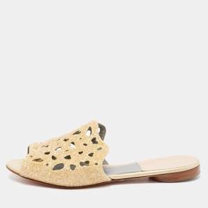 Gina Gold Leather Crystal Embellished Slide Sandals Size 38.5