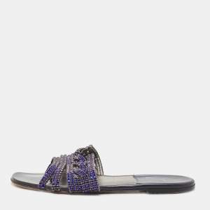 Gina Blue Crystal Embellished Leather Flat Slides Size 38.5