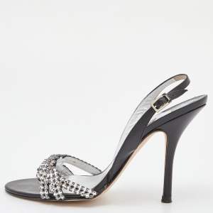 Gina Black/Silver Leather Naomi Crystals Slingback Sandals Size 42