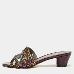Gina Purple Croc Embossed Leather Crystal Embellished Loren Slide Sandals Size 37