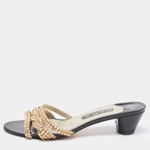 Gina Gold Crystal Embellished Leather Slide Sandals Size 40