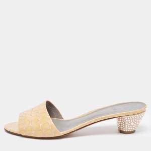 Gina Beige Croc Embossed Leather Crystal Embellished Heel Slide Sandals Size 41.5