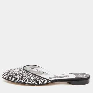 Pre Owned Gina Silver/Black Crystal Embellished Satin Flat Mules Size 37