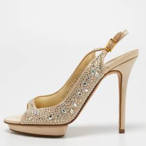 Gina Beige Crystal Embellished Satin Slingback Sandals Size 38.5