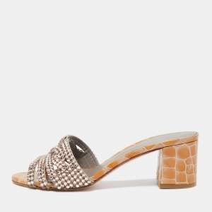 Pre Owned Gina Olive Green Croc Embossed Leather Crystal Embellished Loren Slide Sandals Size 38.5