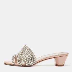 Gina Silver Leather Crystal Embellished Slides Size 37.5