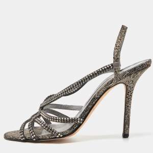 Gina Two Tone Crystal Embellished Embroidered Fabric Slingback Sandals Size 38.5