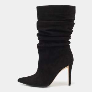 Pre Owned Gina Black Suede Mid Calf Pointed Toe Booties Size 36.5