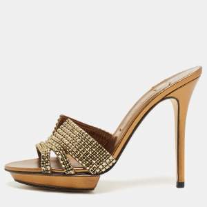 Gina Metallic Gold Crystal Embellished Leather Open Toe Slide Sandals Size 39.5